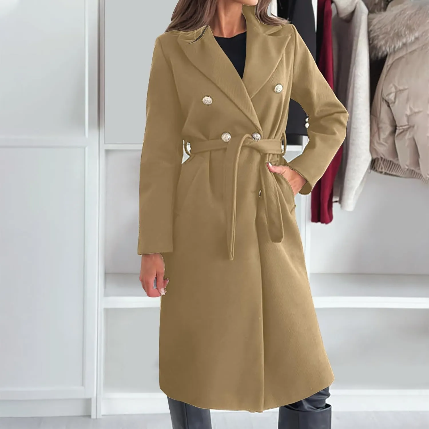 yardsong Womens Wool Blend Pea Coat Double Breasted Slim Fit Belted Trench Coats Winter Fashion Business Long Jackets