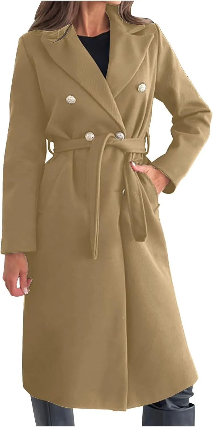 yardsong Womens Wool Blend Pea Coat Double Breasted Slim Fit Belted Trench Coats Winter Fashion Business Long Jackets