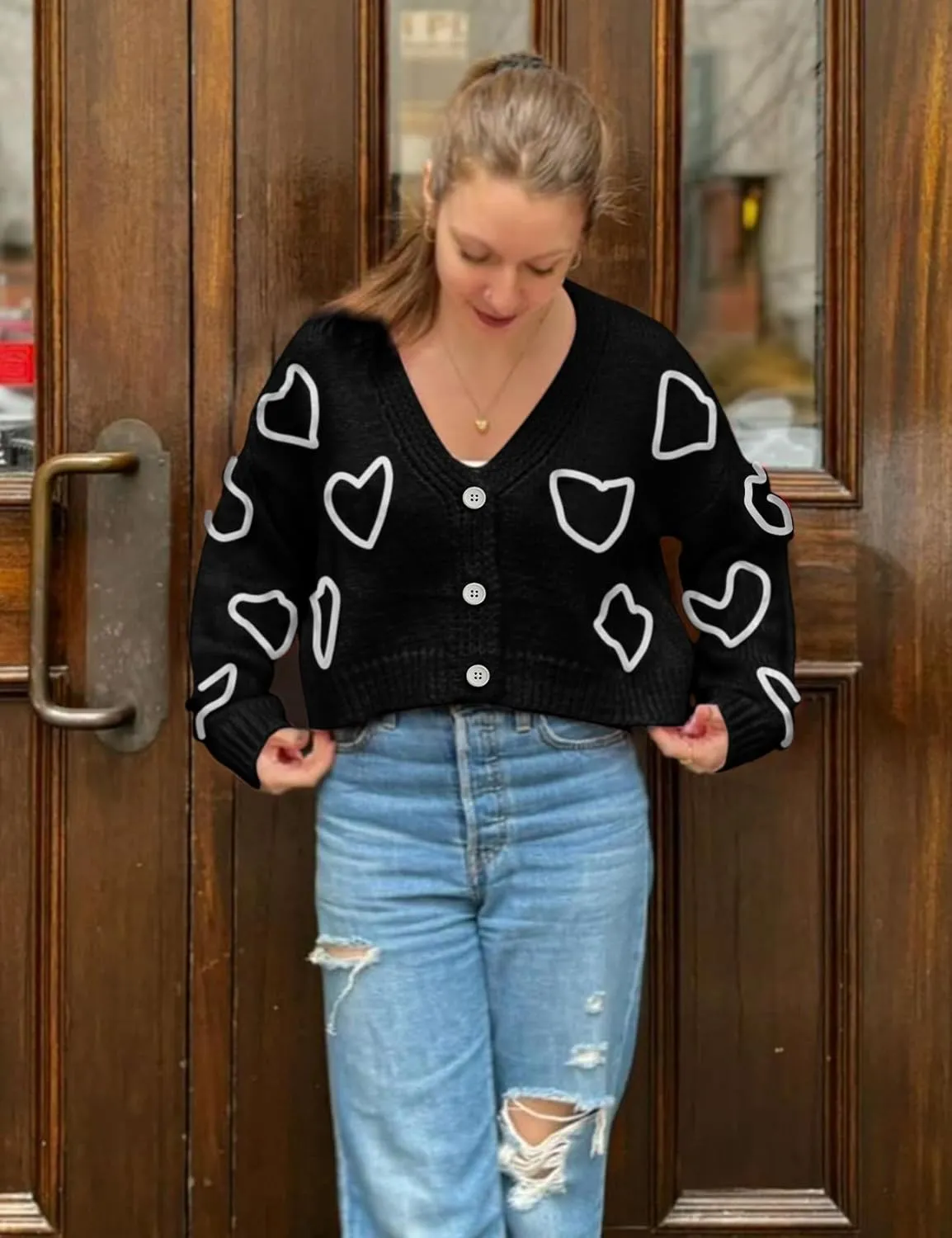 Yimoon Women's Valentines Heart Cardigan Sweater Cute Cropped Knit Sweater Oversized Button Down Cardigan Top