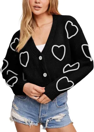 Yimoon Women's Valentines Heart Cardigan Sweater Cute Cropped Knit Sweater Oversized Button Down Cardigan Top