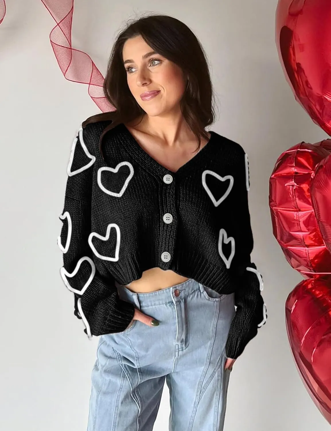 Yimoon Women's Valentines Heart Cardigan Sweater Cute Cropped Knit Sweater Oversized Button Down Cardigan Top