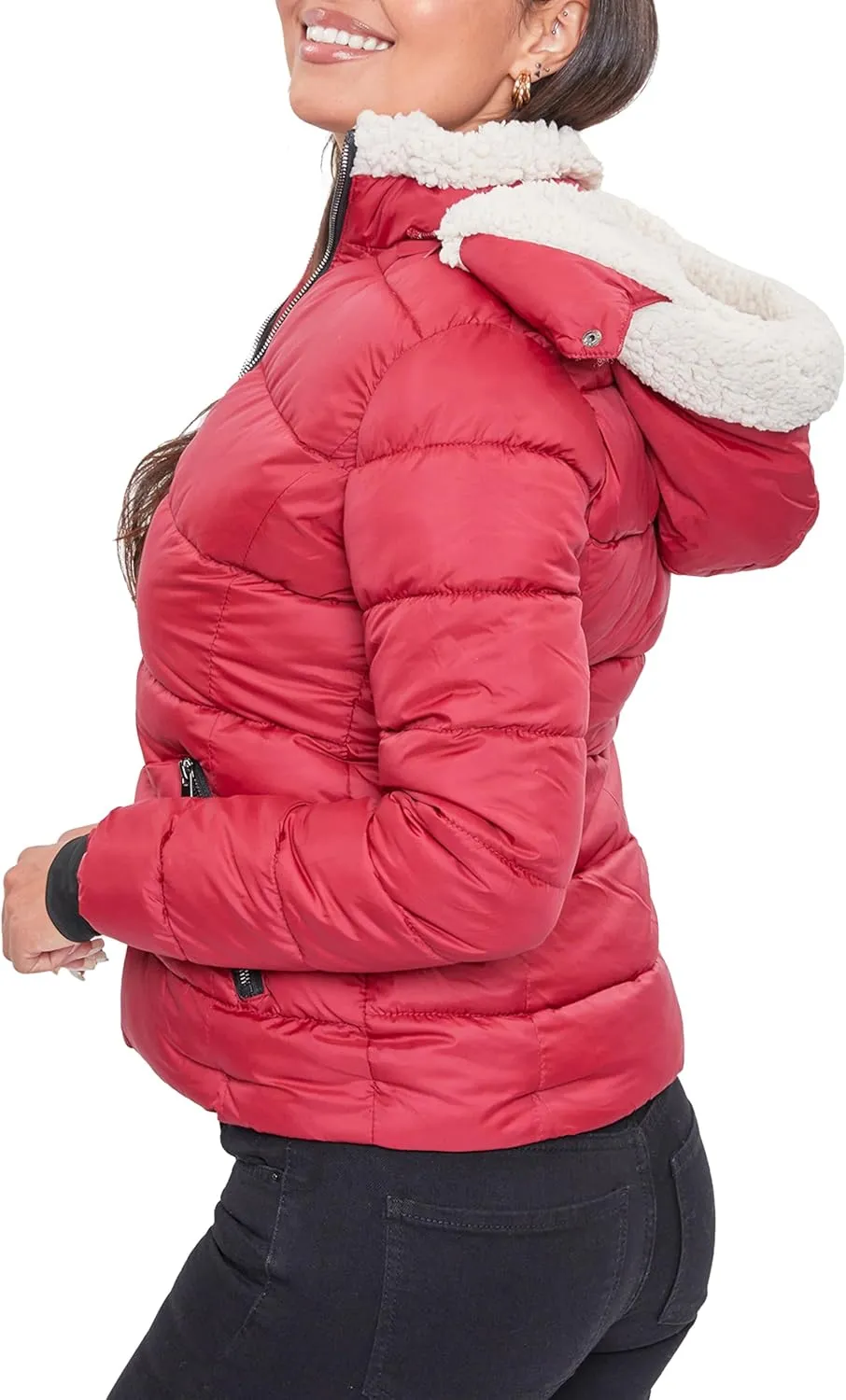 YMI Women's Junior Full Length Puffer Jacket Collar & Detachable Sherpa Hood