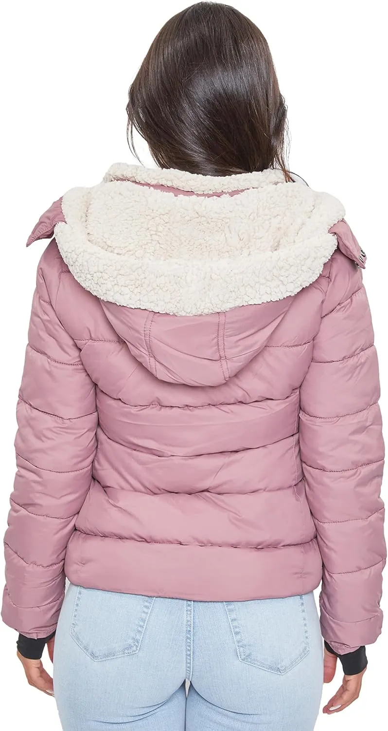 YMI Women's Junior Full Length Puffer Jacket Collar & Detachable Sherpa Hood