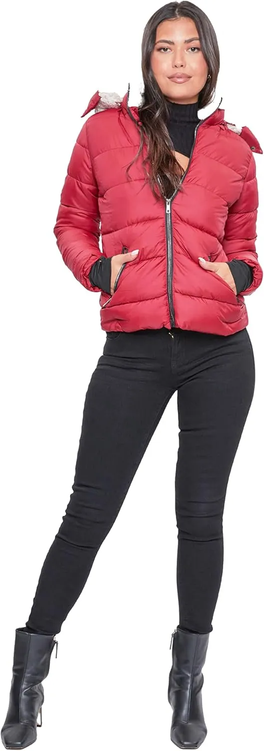YMI Women's Junior Full Length Puffer Jacket Collar & Detachable Sherpa Hood