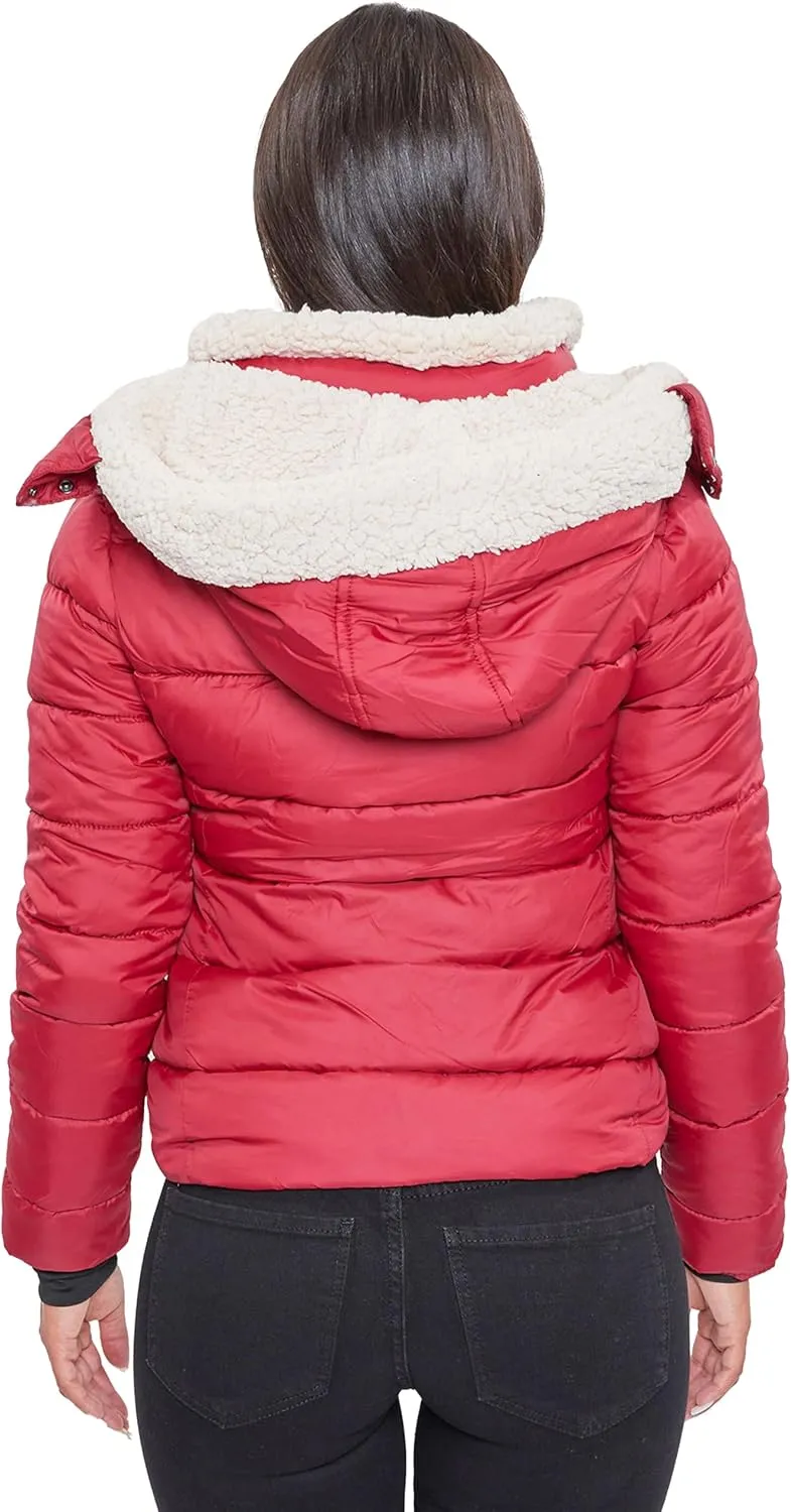 YMI Women's Junior Full Length Puffer Jacket Collar & Detachable Sherpa Hood