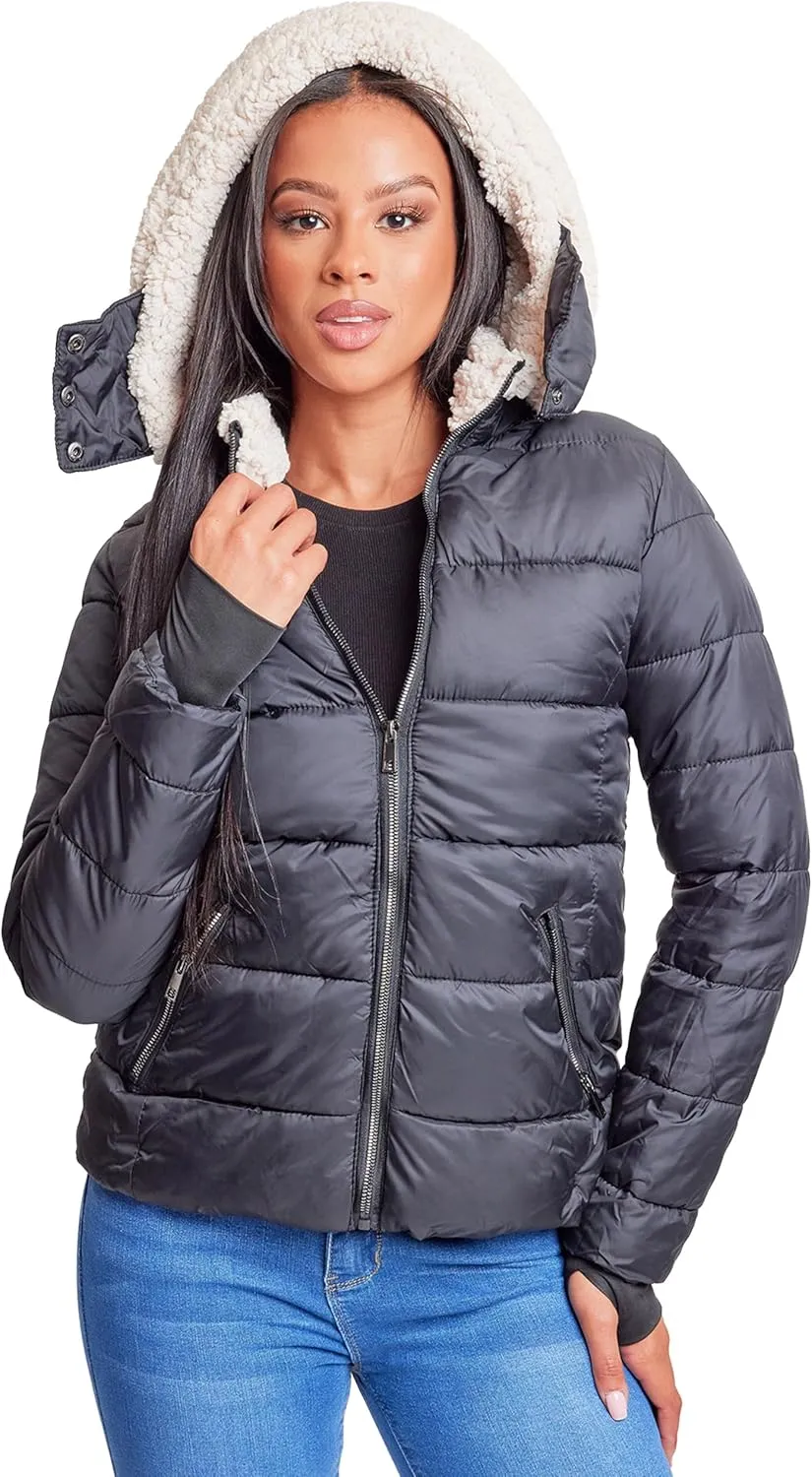 YMI Women's Junior Full Length Puffer Jacket Collar & Detachable Sherpa Hood