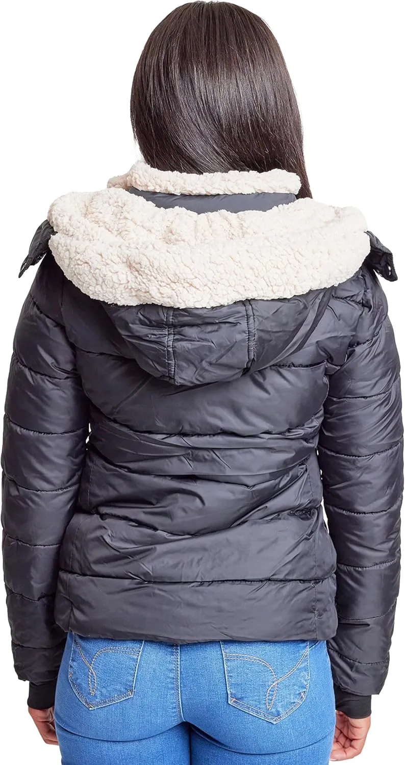 YMI Women's Junior Full Length Puffer Jacket Collar & Detachable Sherpa Hood
