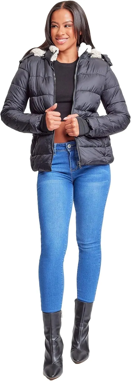 YMI Women's Junior Full Length Puffer Jacket Collar & Detachable Sherpa Hood