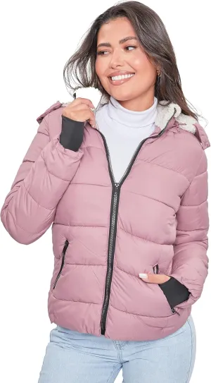 YMI Women's Junior Full Length Puffer Jacket Collar & Detachable Sherpa Hood