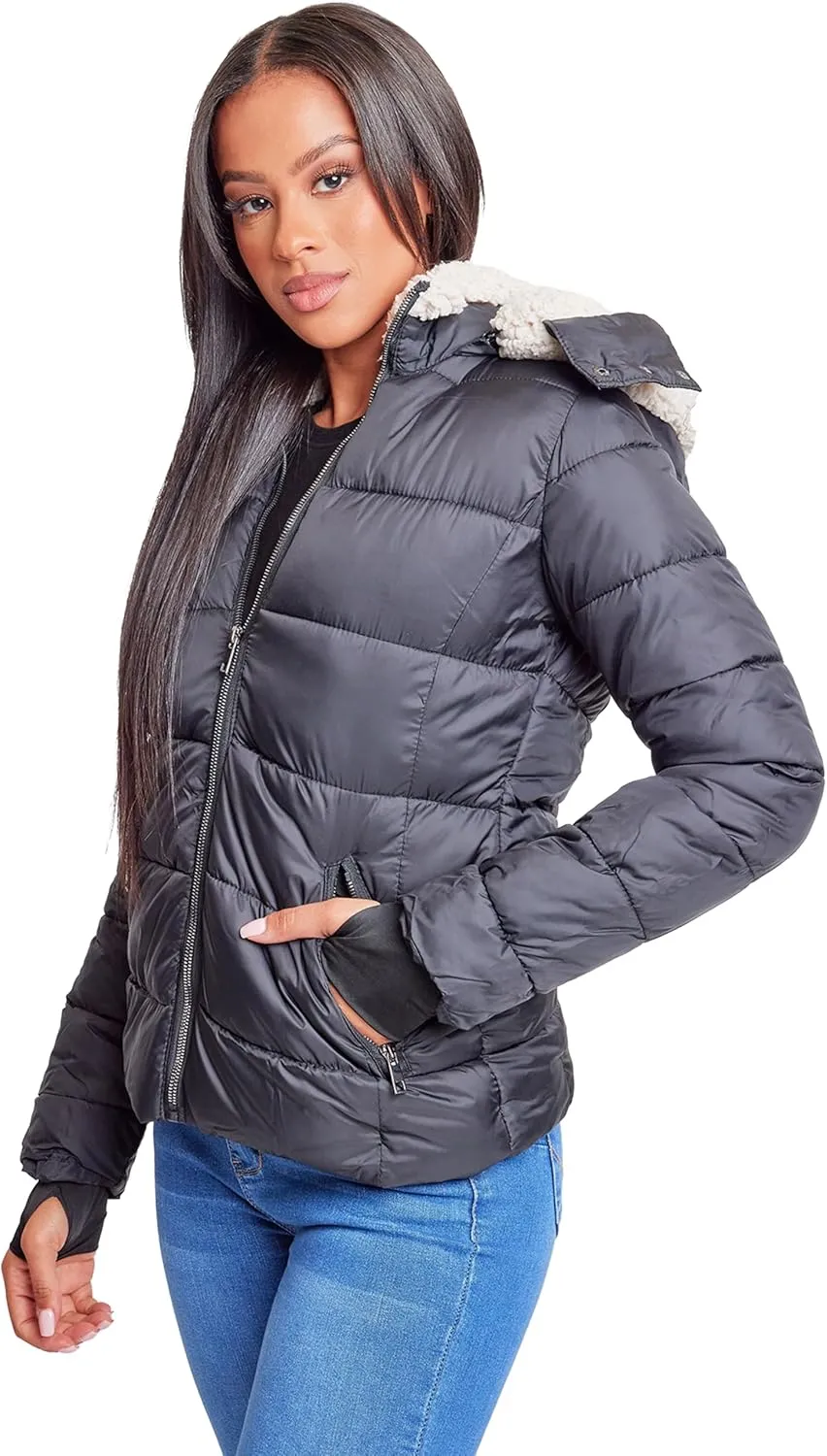 YMI Women's Junior Full Length Puffer Jacket Collar & Detachable Sherpa Hood