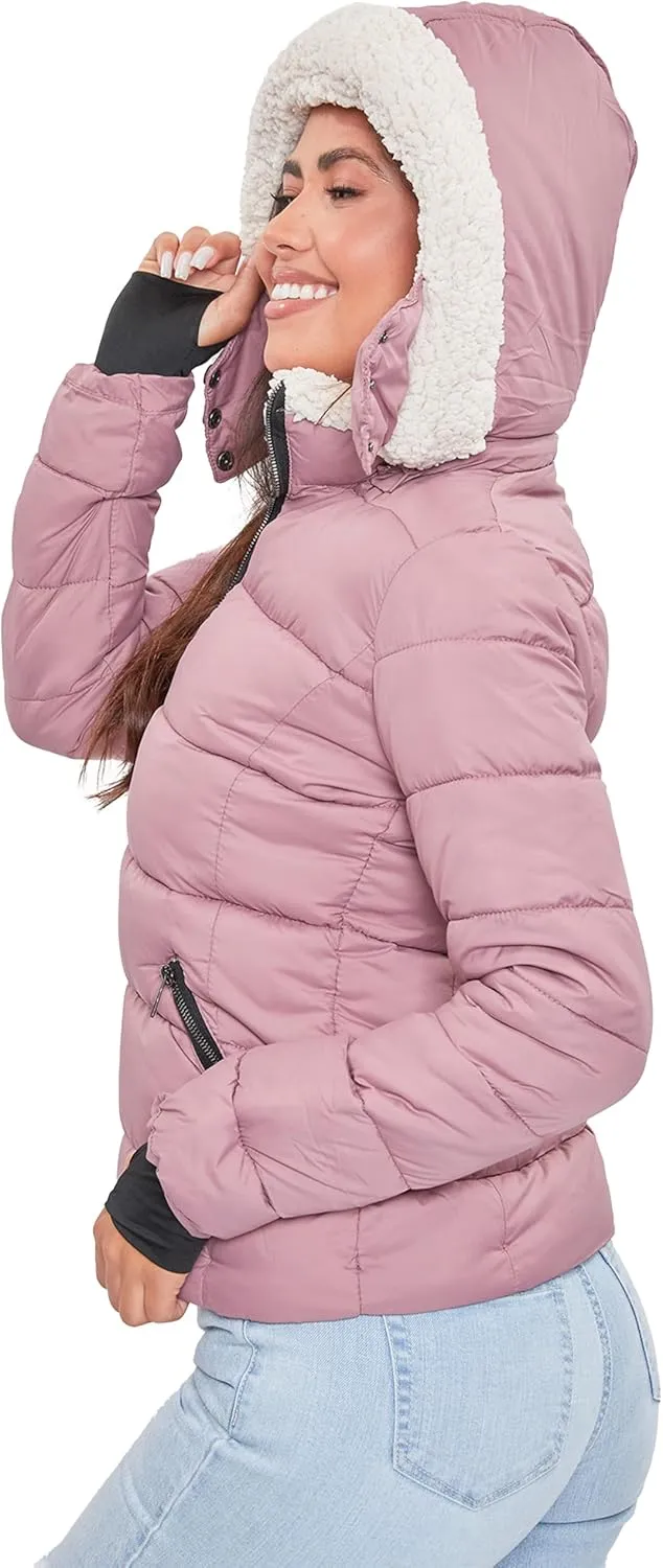 YMI Women's Junior Full Length Puffer Jacket Collar & Detachable Sherpa Hood