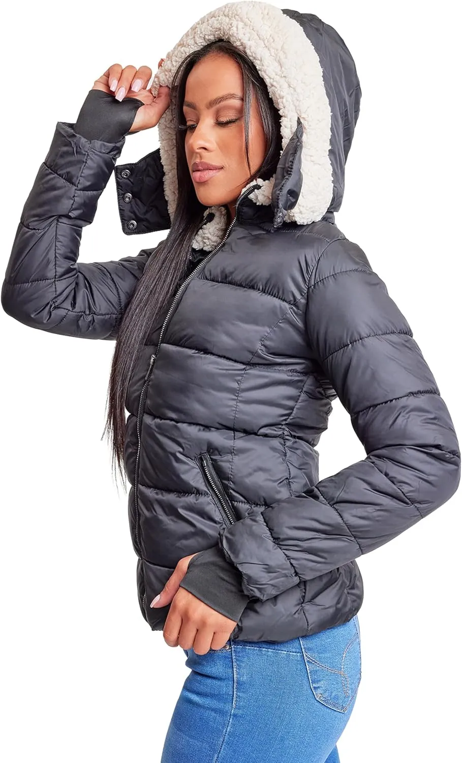 YMI Women's Junior Full Length Puffer Jacket Collar & Detachable Sherpa Hood