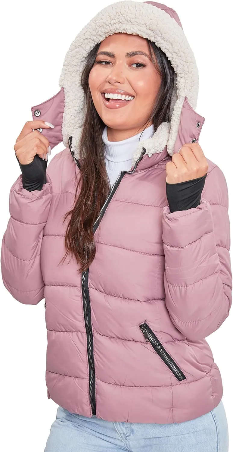 YMI Women's Junior Full Length Puffer Jacket Collar & Detachable Sherpa Hood