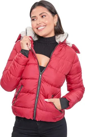 YMI Women's Junior Full Length Puffer Jacket Collar & Detachable Sherpa Hood