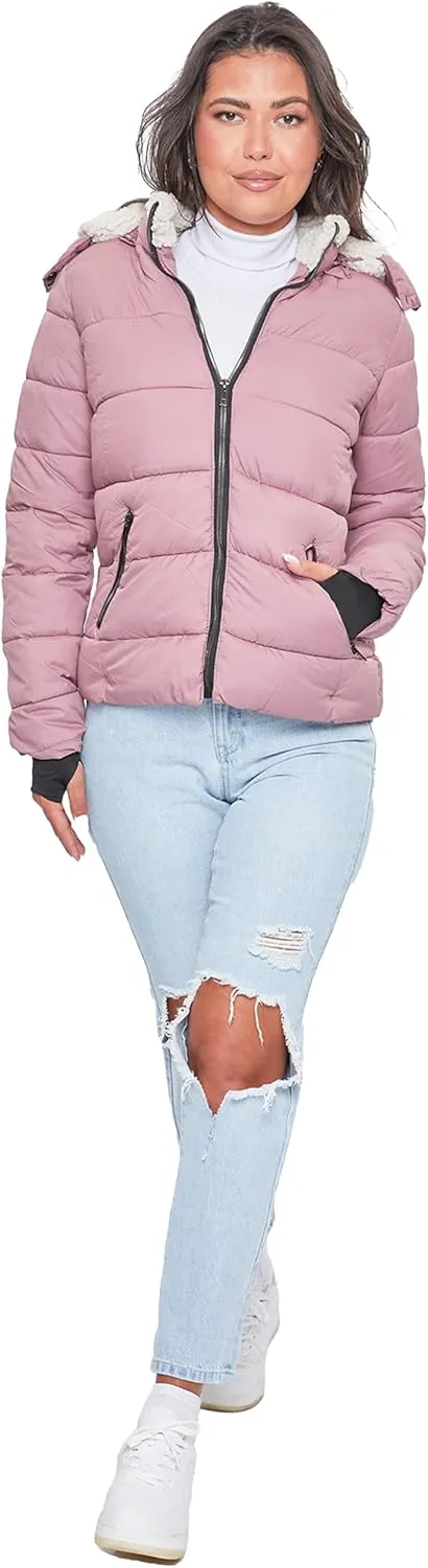 YMI Women's Junior Full Length Puffer Jacket Collar & Detachable Sherpa Hood