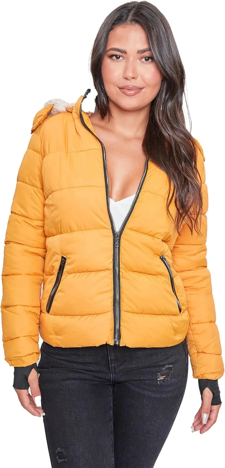 YMI Women's Junior Full Length Puffer Jacket Collar & Detachable Sherpa Hood