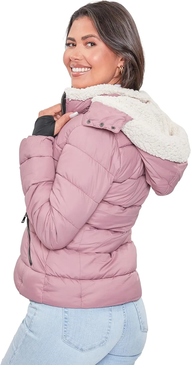 YMI Women's Junior Full Length Puffer Jacket Collar & Detachable Sherpa Hood