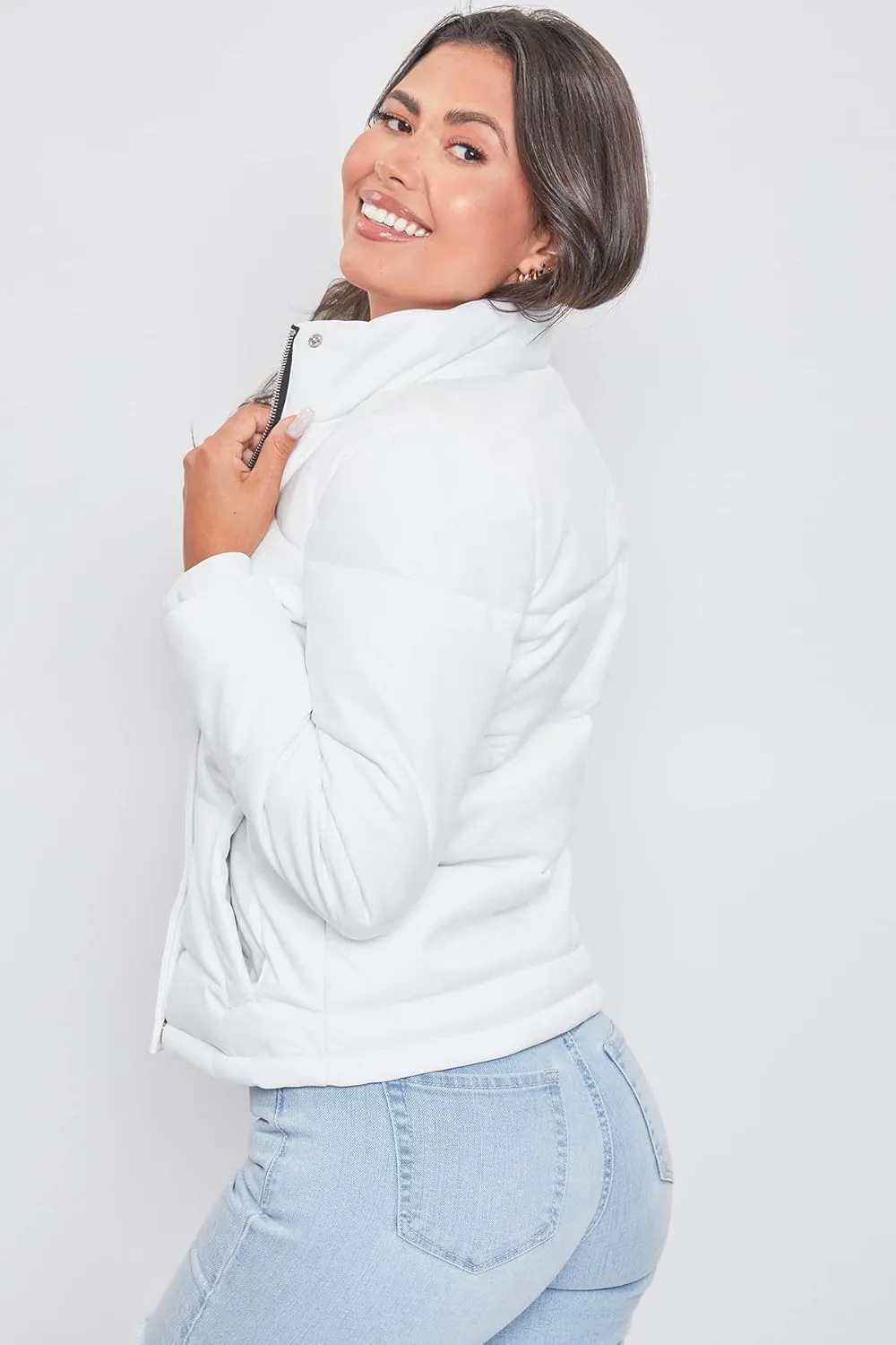 YMI Women's Junior Pleather High Collar Puffer Jacket