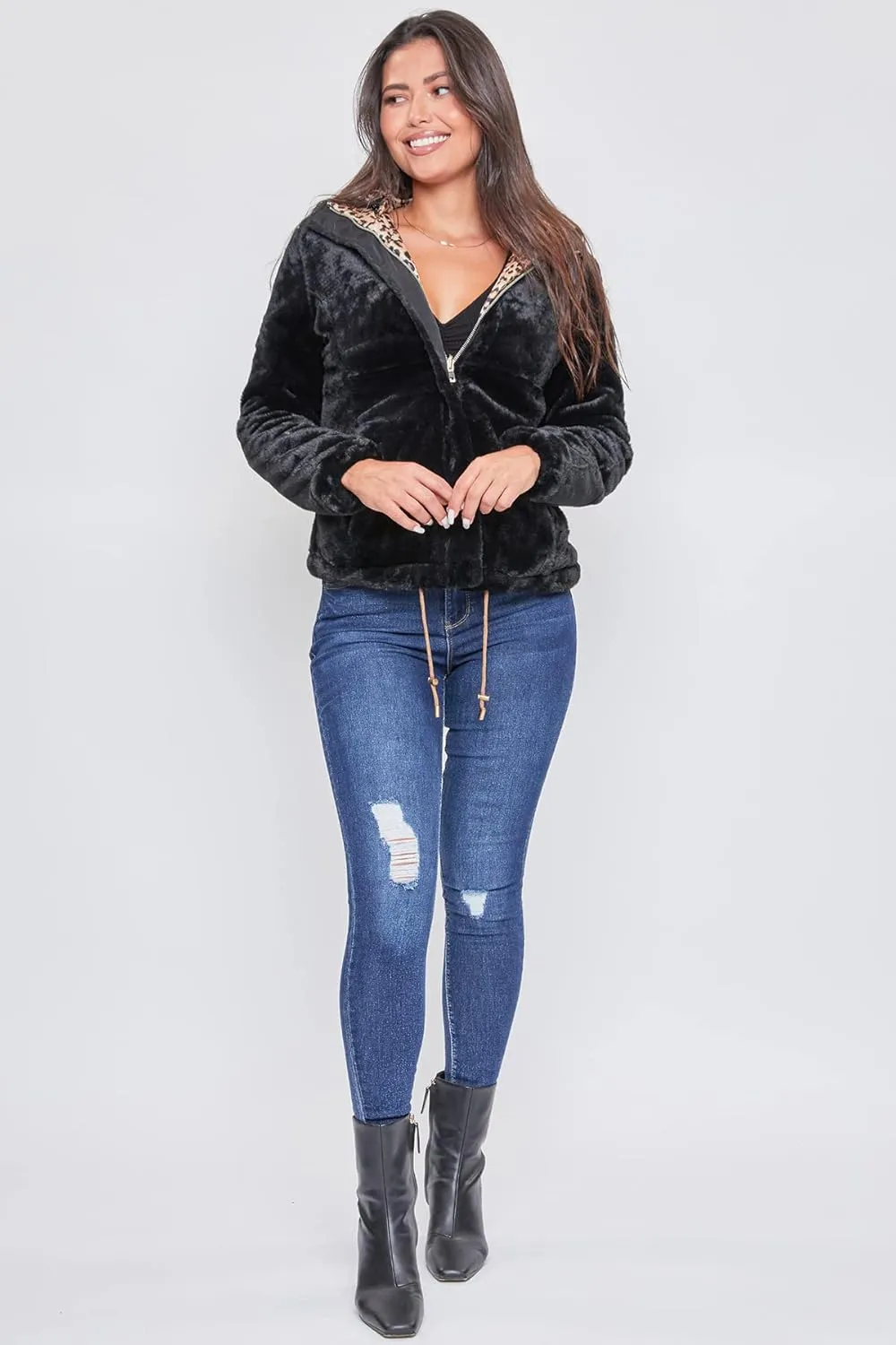 YMI Women's Junior Reversible Faux Fur Puffer Jacket