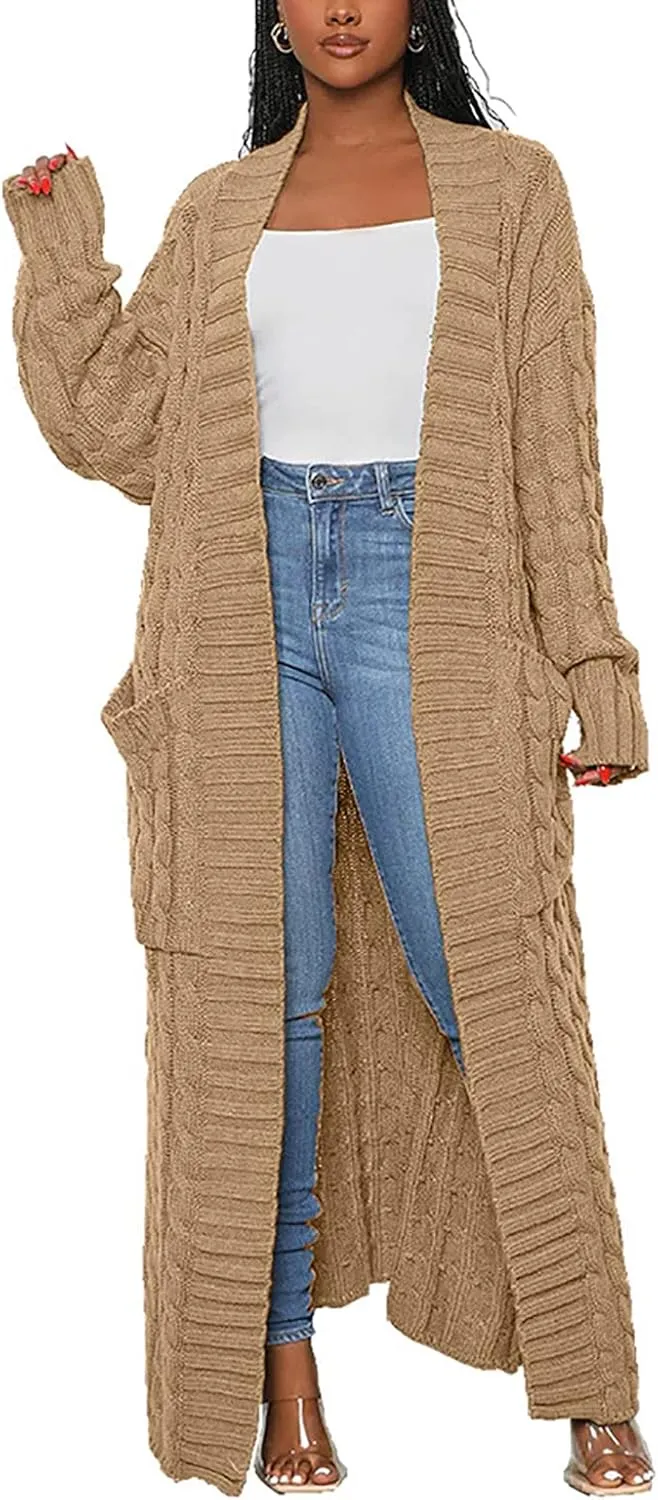 YOOTIKO Long Cardigan Sweaters for Women Loose Floor Length Cable Knit Open Front Chunky Oversize Sweater with Pockets