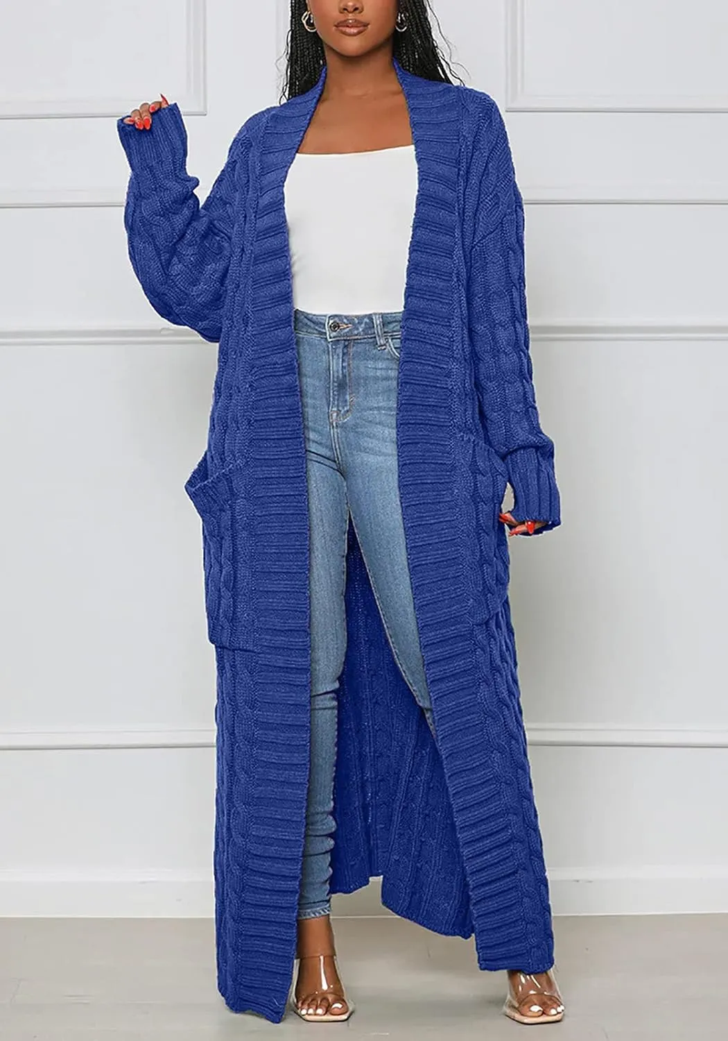 YOOTIKO Long Cardigan Sweaters for Women Loose Floor Length Cable Knit Open Front Chunky Oversize Sweater with Pockets