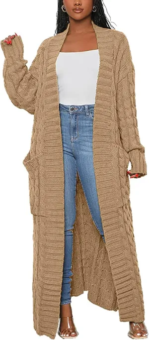 YOOTIKO Long Cardigan Sweaters for Women Loose Floor Length Cable Knit Open Front Chunky Oversize Sweater with Pockets