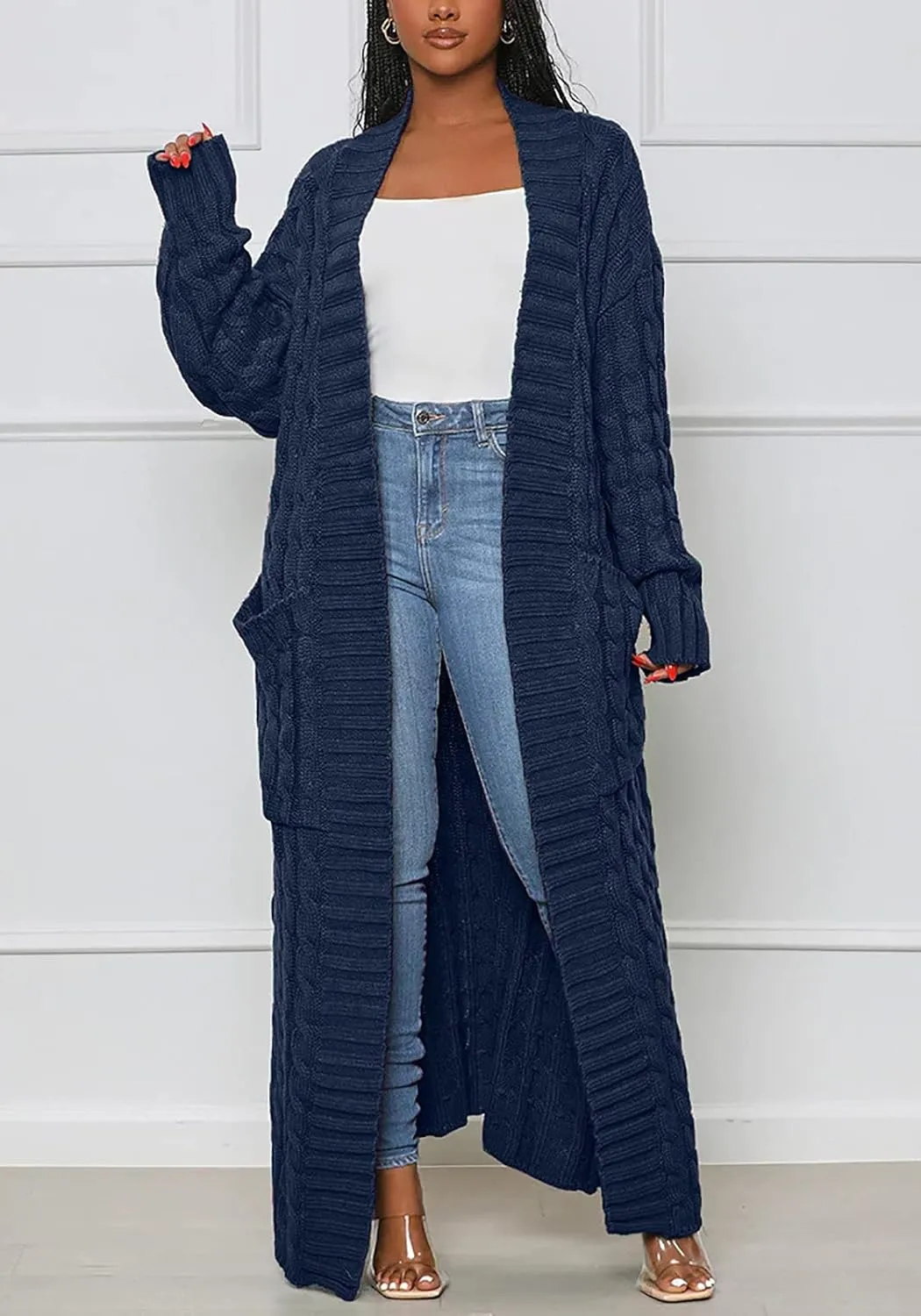 YOOTIKO Long Cardigan Sweaters for Women Loose Floor Length Cable Knit Open Front Chunky Oversize Sweater with Pockets