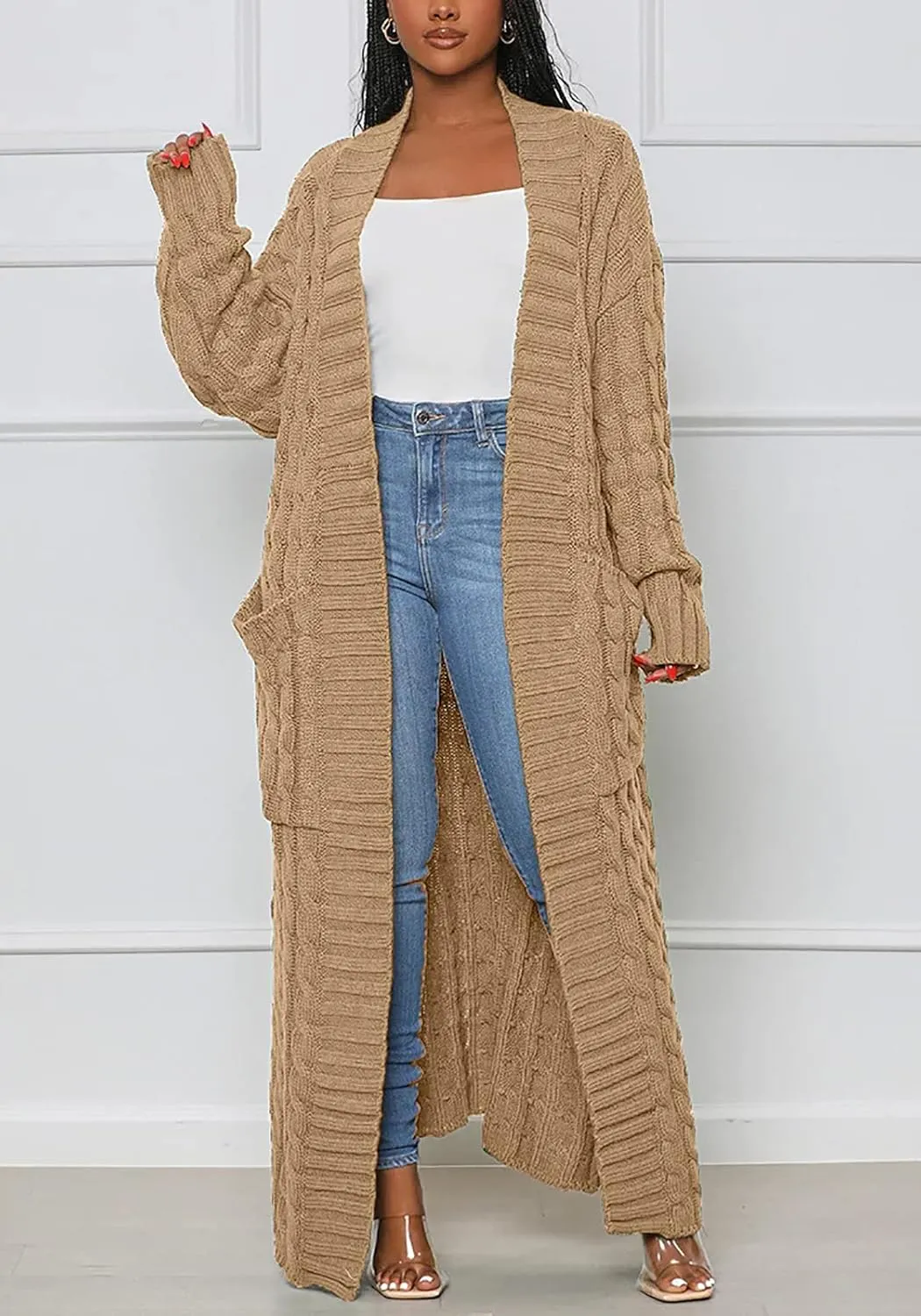 YOOTIKO Long Cardigan Sweaters for Women Loose Floor Length Cable Knit Open Front Chunky Oversize Sweater with Pockets