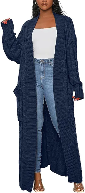 YOOTIKO Long Cardigan Sweaters for Women Loose Floor Length Cable Knit Open Front Chunky Oversize Sweater with Pockets