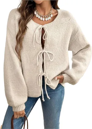 ZAFUL Women's Tie Front Cardigan Sweater Knotted Long Sleeve Knitwear Frenchy Oversized Cardigan