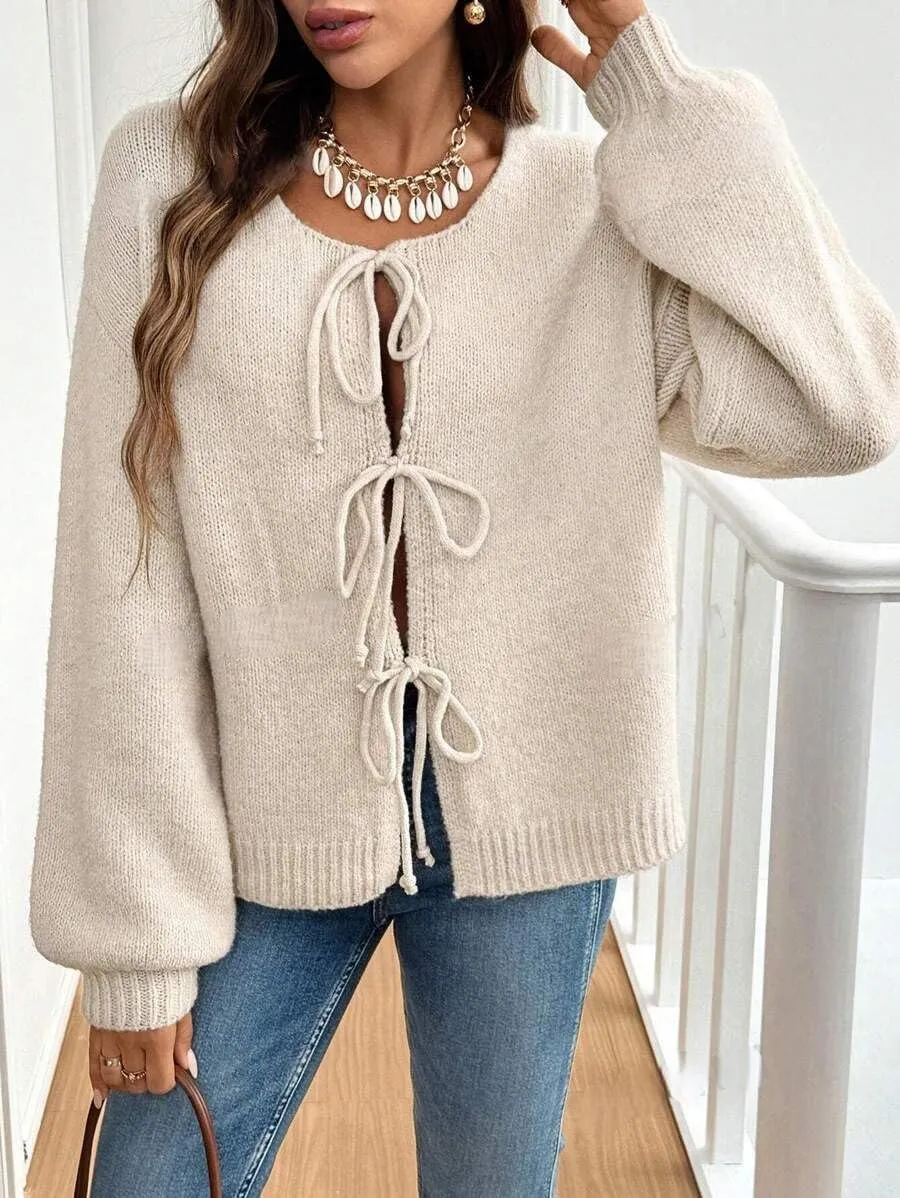 ZAFUL Women's Tie Front Cardigan Sweater Knotted Long Sleeve Knitwear Frenchy Oversized Cardigan