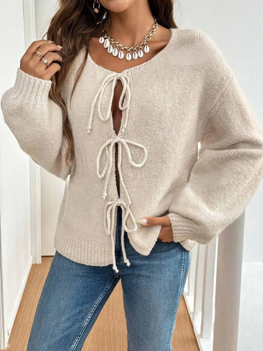 ZAFUL Women's Tie Front Cardigan Sweater Knotted Long Sleeve Knitwear Frenchy Oversized Cardigan