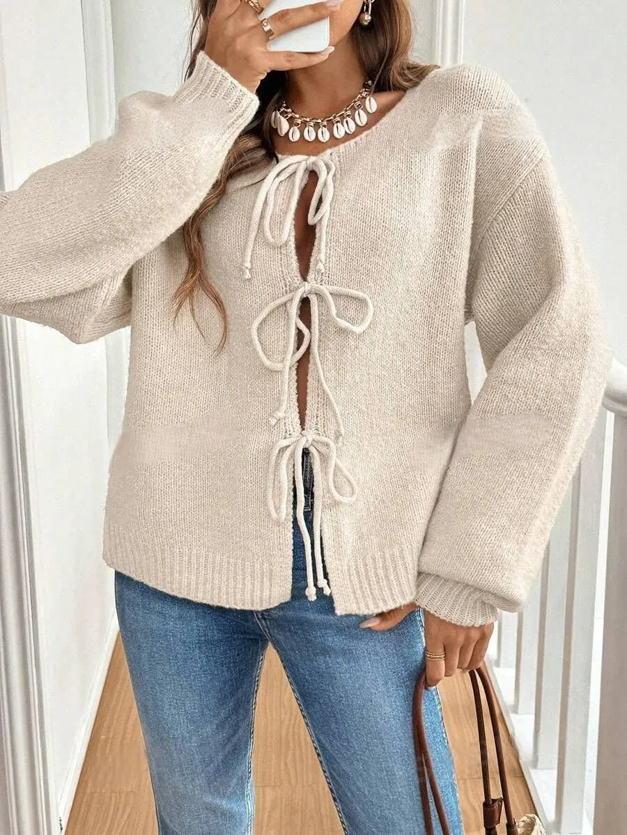 ZAFUL Women's Tie Front Cardigan Sweater Knotted Long Sleeve Knitwear Frenchy Oversized Cardigan