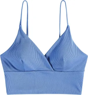ZAFUL Women's V Neck Tankini Top Ribbed Adjustable Spaghetti Straps Bikini Top Bathing Suit Swim Tops