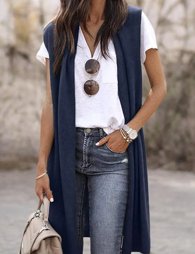 ZXZY Women Casual Sleeveless Open Front Tunic Vest Long Cardigan Tops Coat
